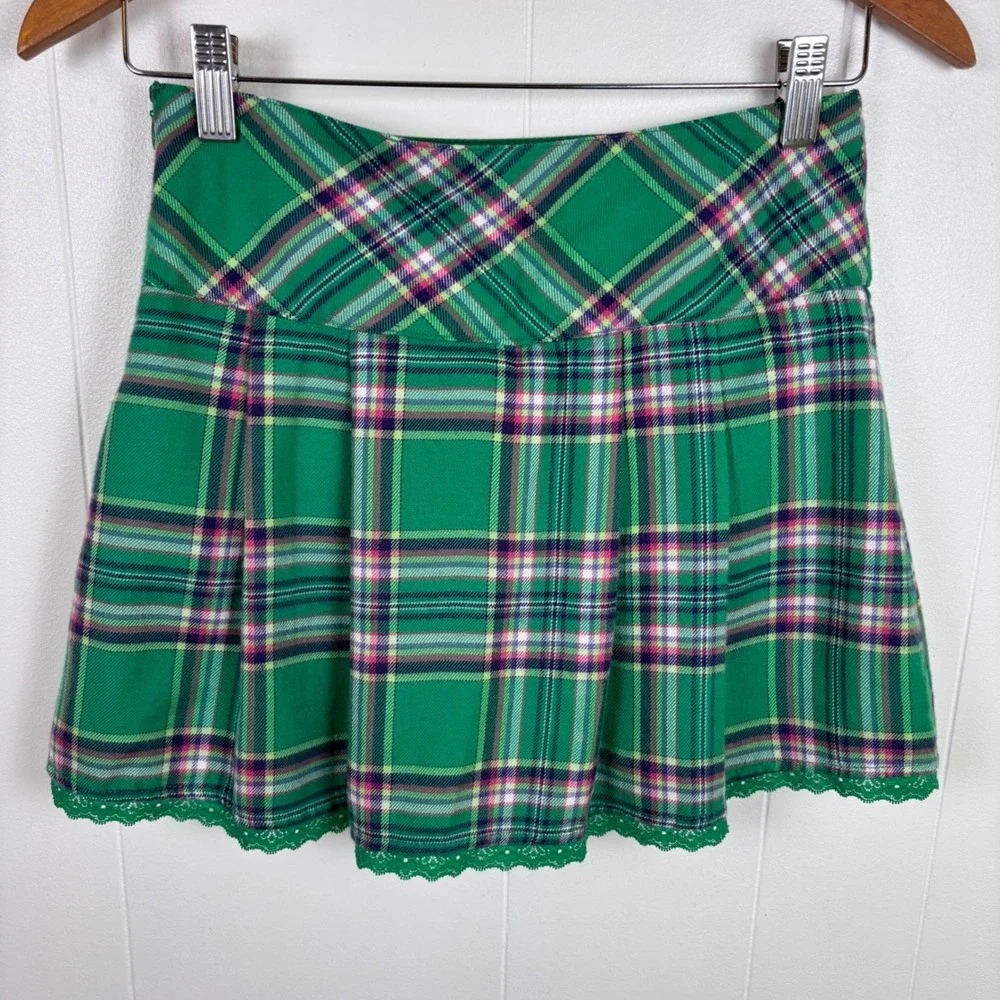 Y2K Justice Green Plaid‎ Pleated Mini Skorts Kilt Style Buckle Girls Size 12